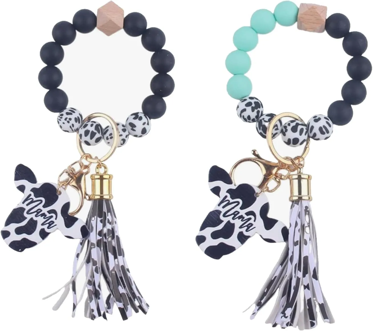 2 Pack Silicone Key Ring Bracelet Wristlet Keychain Unique Beaded Bangle Key Chains for Women with Leather Tassel