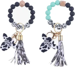 2 Pack Silicone Key Ring Bracelet Wristlet Keychain Unique Beaded Bangle Key Chains for Women with Leather Tassel
