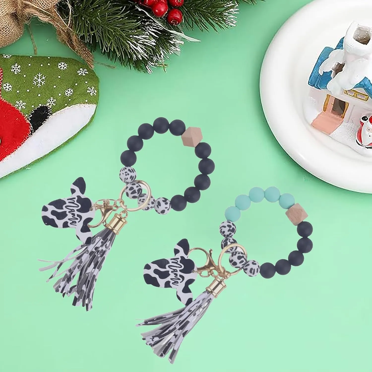 2 Pack Silicone Key Ring Bracelet Wristlet Keychain Unique Beaded Bangle Key Chains for Women with Leather Tassel