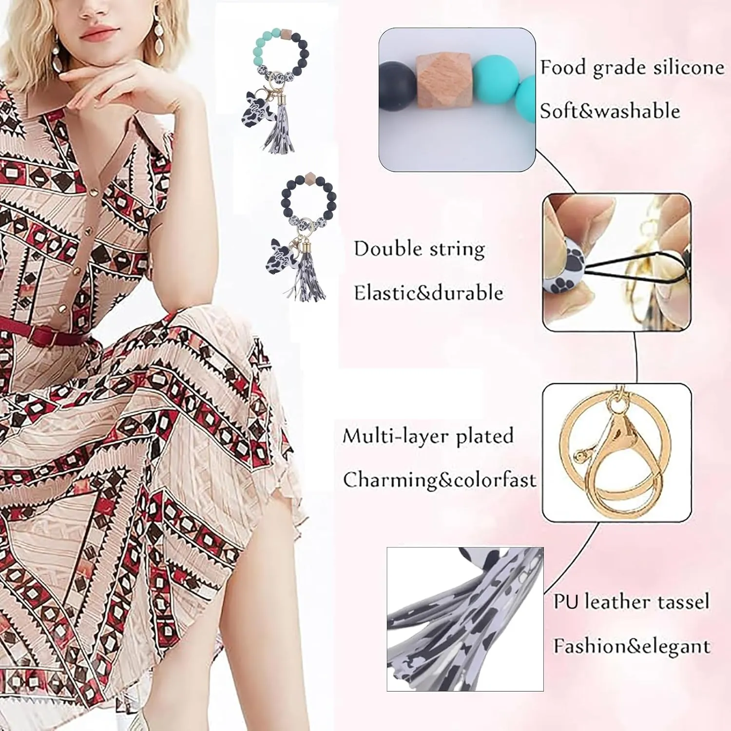 2 Pack Silicone Key Ring Bracelet Wristlet Keychain Unique Beaded Bangle Key Chains for Women with Leather Tassel