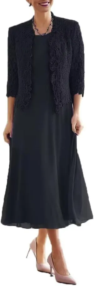 2 Pieces Mother of Bride Dress with Jacket Plus Size Grandmother Dresses Tea Length Formal Evening Gowns PG036