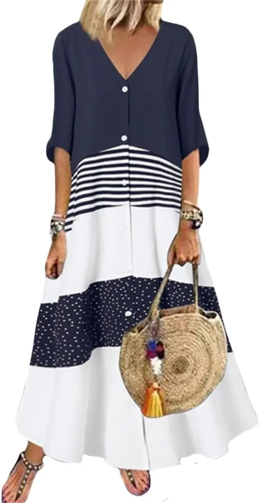 2024 Womens Summer Loose Fit Maxi Dress V Neck Half Sleeve Striped Print Long Dresses with Buttons