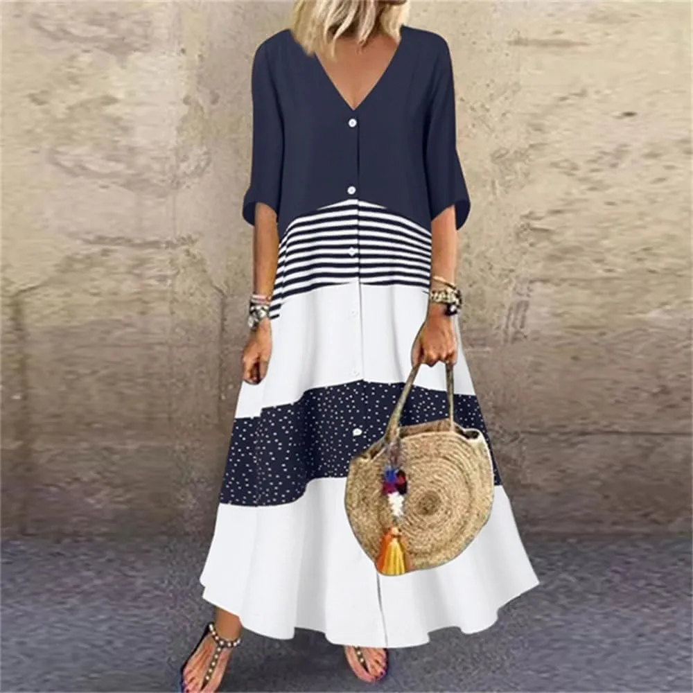 2024 Womens Summer Loose Fit Maxi Dress V Neck Half Sleeve Striped Print Long Dresses with Buttons