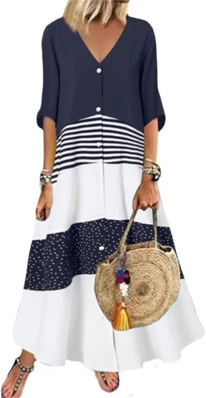 2024 Womens Summer Loose Fit Maxi Dress V Neck Half Sleeve Striped Print Long Dresses with Buttons