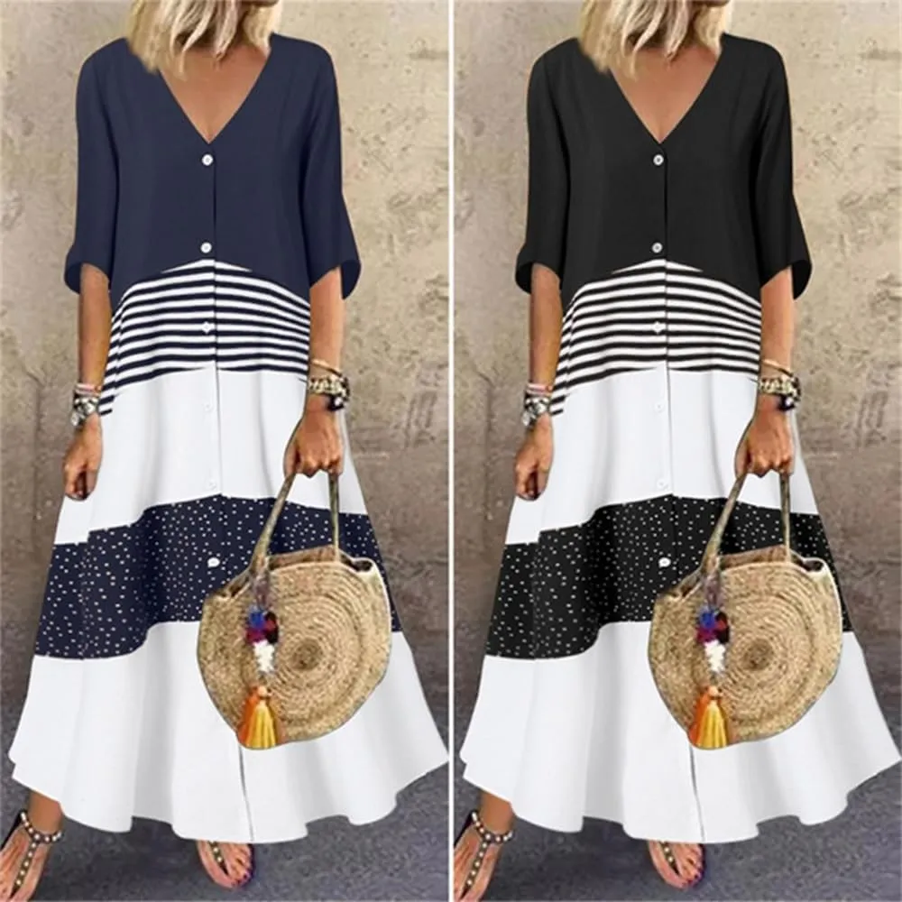 2024 Womens Summer Loose Fit Maxi Dress V Neck Half Sleeve Striped Print Long Dresses with Buttons