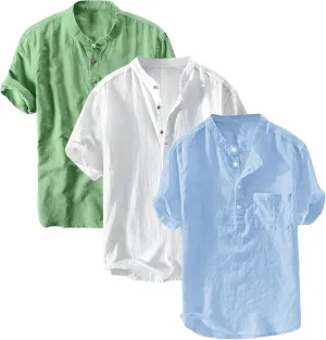 3 Pack Men's Lightweight Cotton Linen Shirt Short Sleeve Henley T-Shirts for Men Summer Casual Beach Tee Tops
