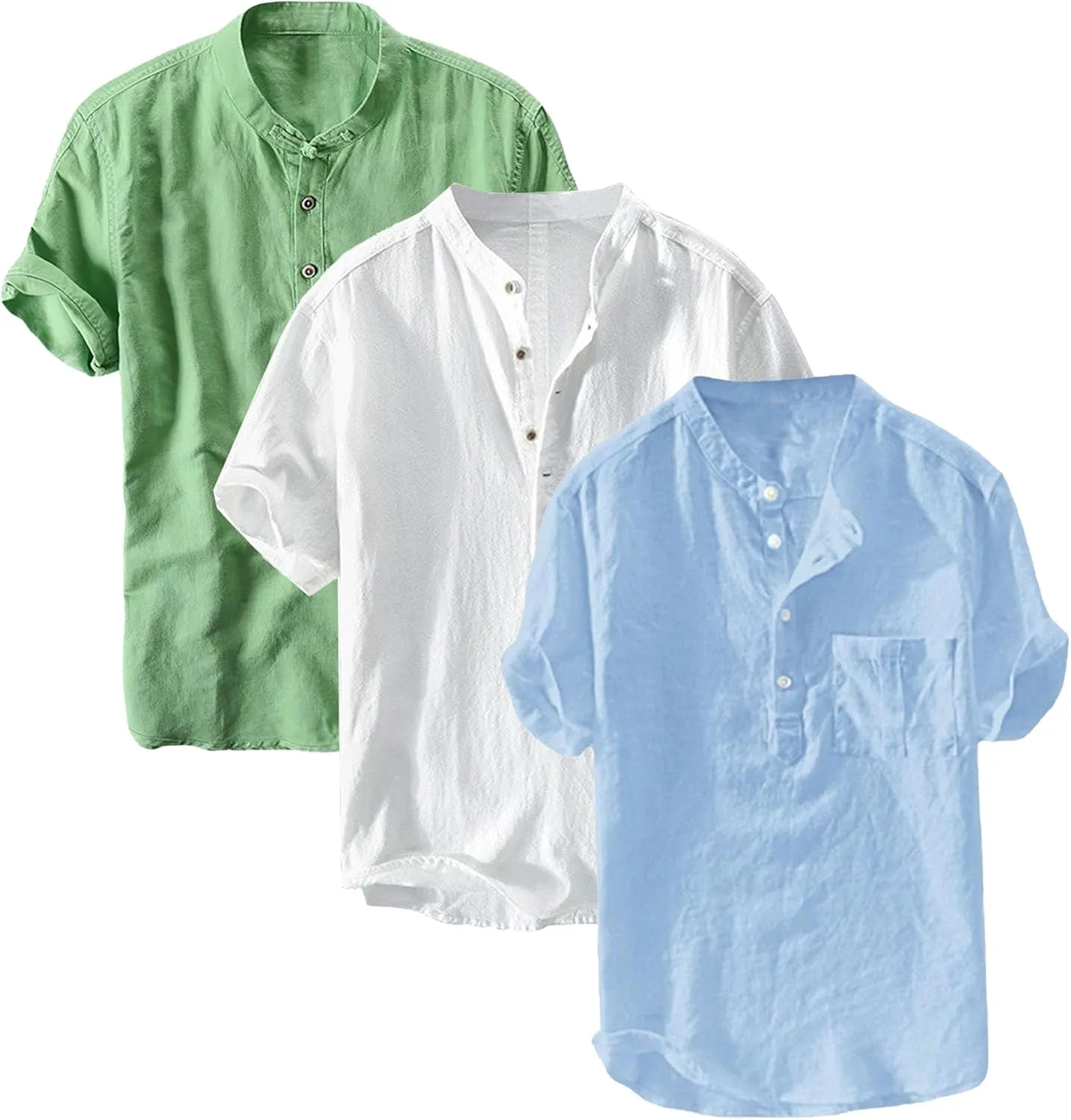 3 Pack Men's Lightweight Cotton Linen Shirt Short Sleeve Henley T-Shirts for Men Summer Casual Beach Tee Tops