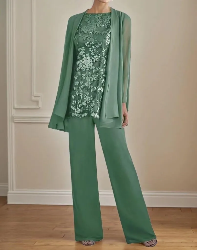 3 PCS Mother of The Bride Pant Suits for Women Dressy Long Sleeve Chiffon Formal Pantsuits for Wedding