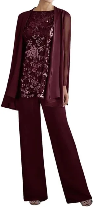3 PCS Mother of The Bride Pant Suits for Women Dressy Long Sleeve Chiffon Formal Pantsuits for Wedding