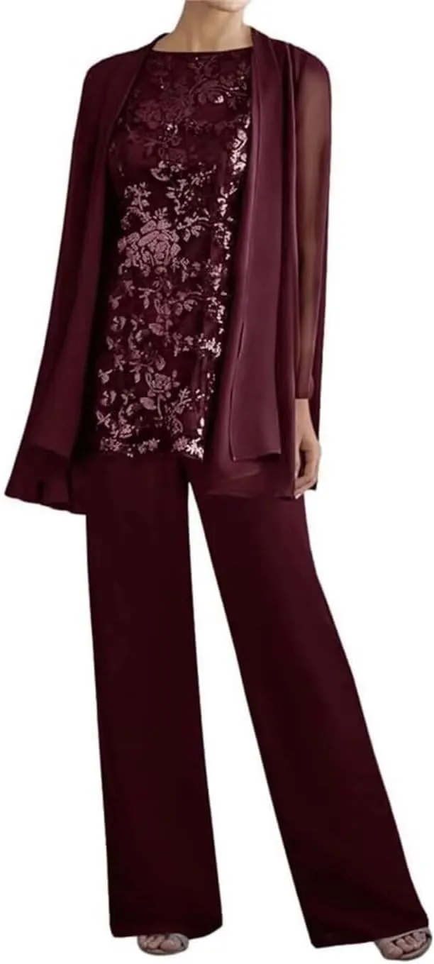 3 PCS Mother of The Bride Pant Suits for Women Dressy Long Sleeve Chiffon Formal Pantsuits for Wedding