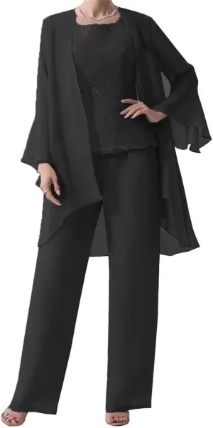 3 Pieces Mother of The Bride Dresses Pant Suits with Jackets Chiffon Jumpsuits Set Formal Evening Gown