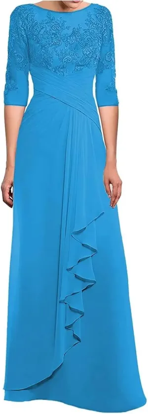 3/4 Long Sleeves Mother of The Bride Dresses for Wedding Lace Applique Ruched Formal Dresses for Women Evening Party