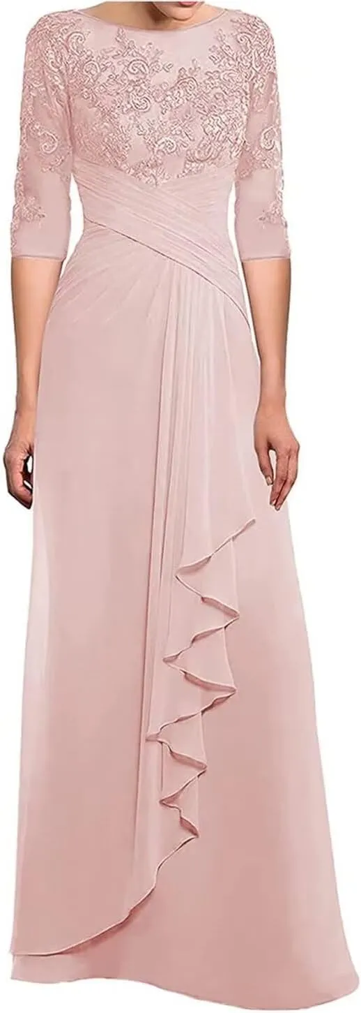 3/4 Long Sleeves Mother of The Bride Dresses for Wedding Lace Applique Ruched Formal Dresses for Women Evening Party