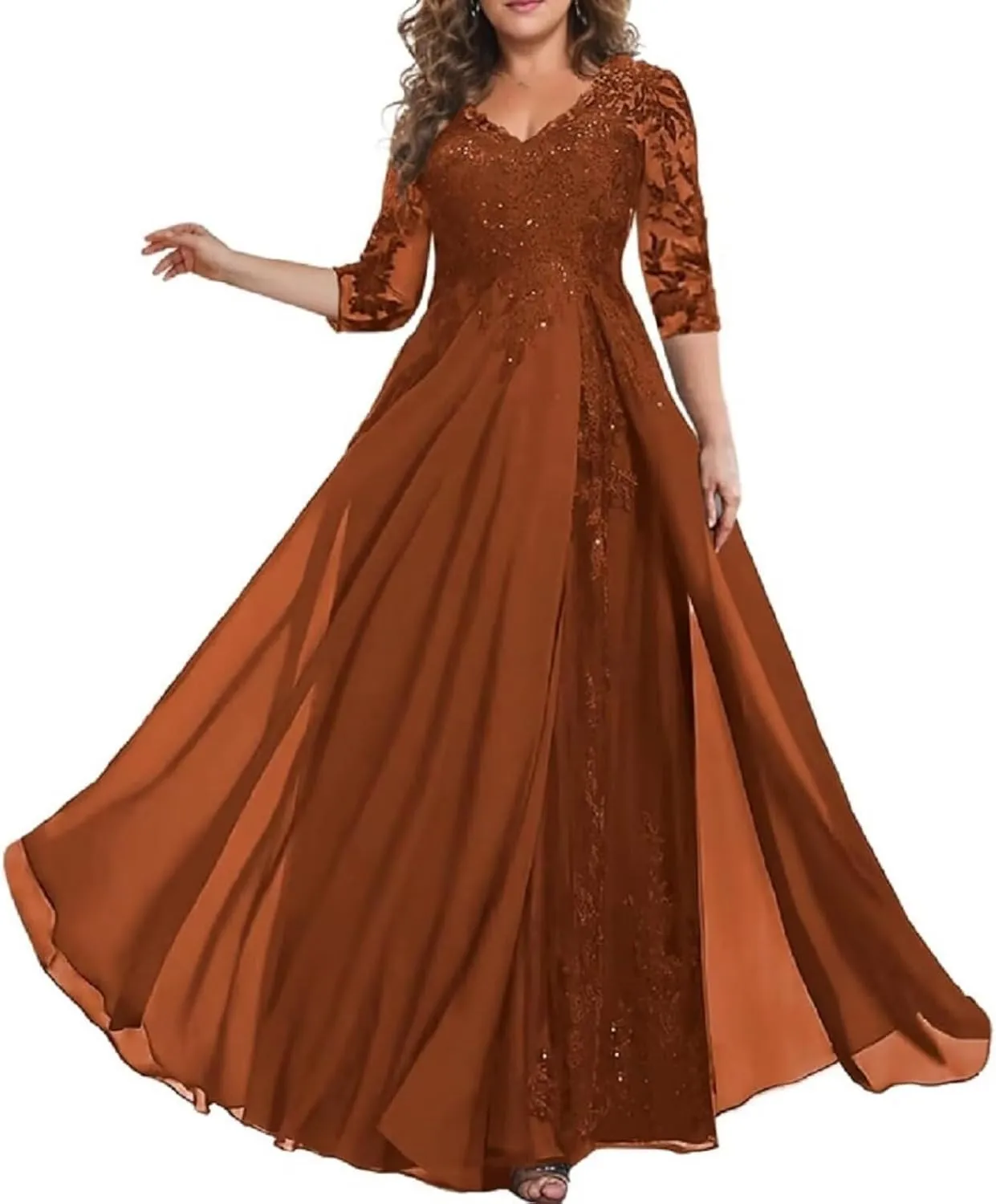 3/4 Sleeve Mother of The Bride Dresses for Wedding Chiffon Lace V-Neck Long Formal Evening Gowns