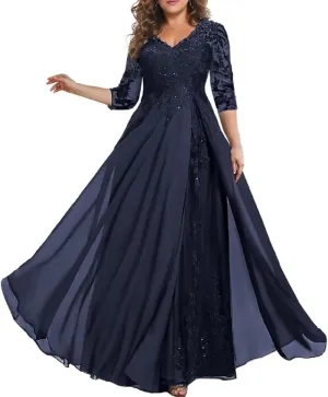 3/4 Sleeve Mother of The Bride Dresses for Wedding Chiffon Lace V-Neck Long Formal Evening Gowns
