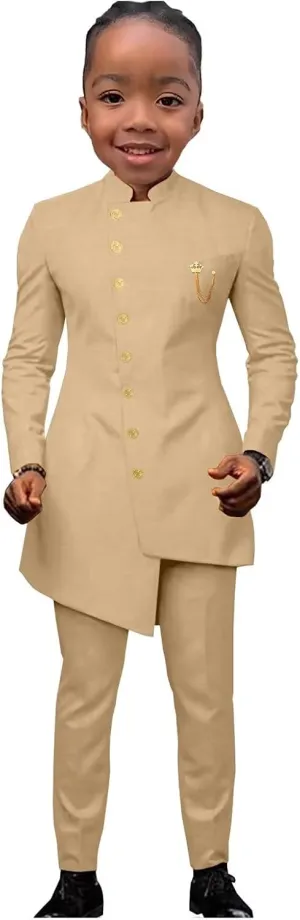 African Suits for Boy Solid Jackets and Pants 2 Piece Set Slim Fit Formal Outfits Wedding