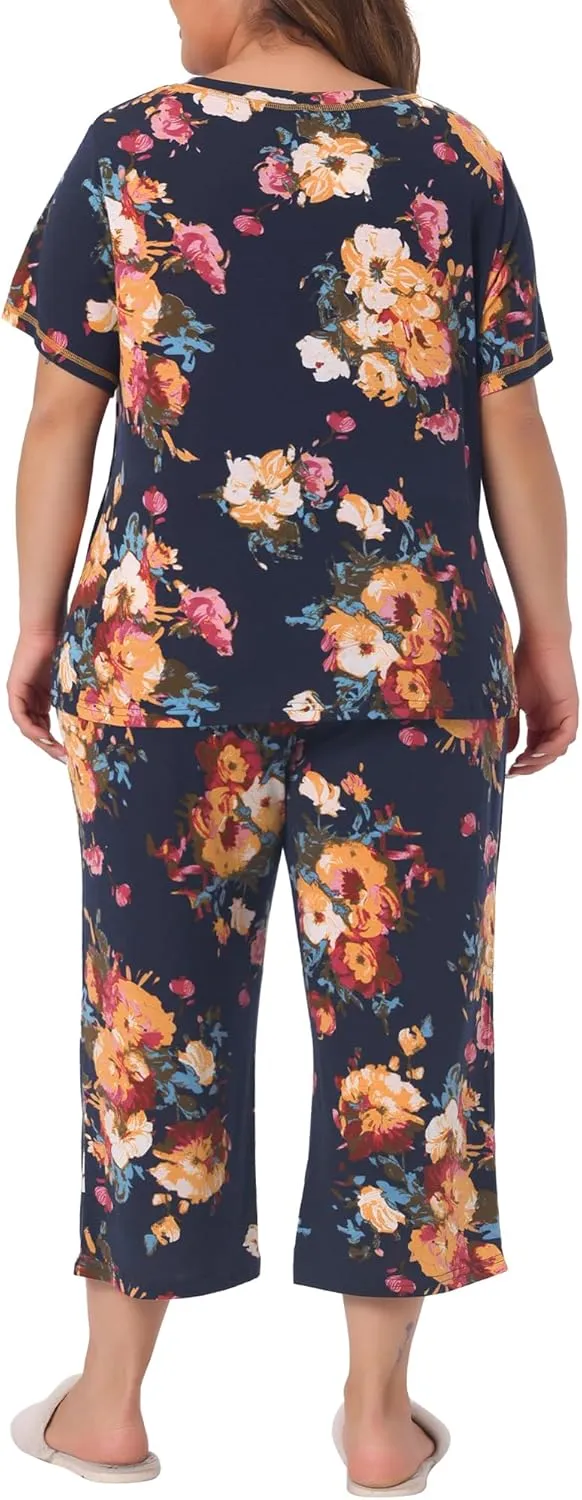 Agnes Orinda Plus Size Pajama Set for Women Short Sleeve Sleepwear Soft Lounge Set Loungewear 2024