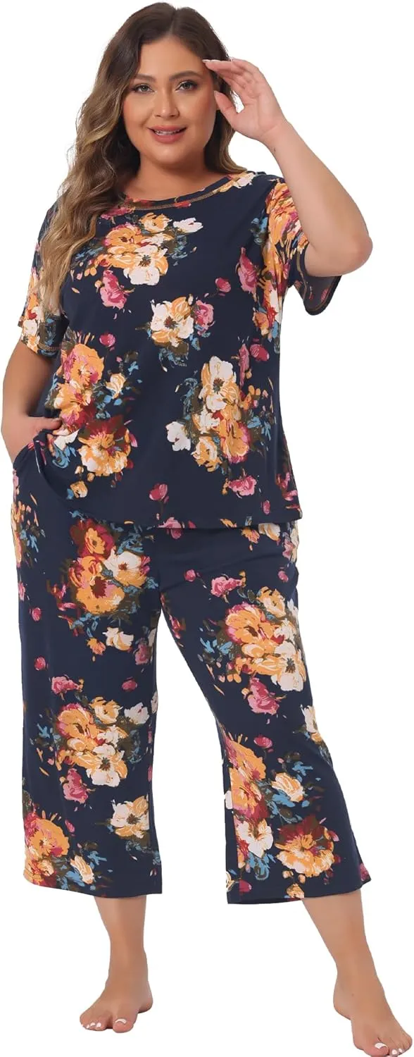 Agnes Orinda Plus Size Pajama Set for Women Short Sleeve Sleepwear Soft Lounge Set Loungewear 2024