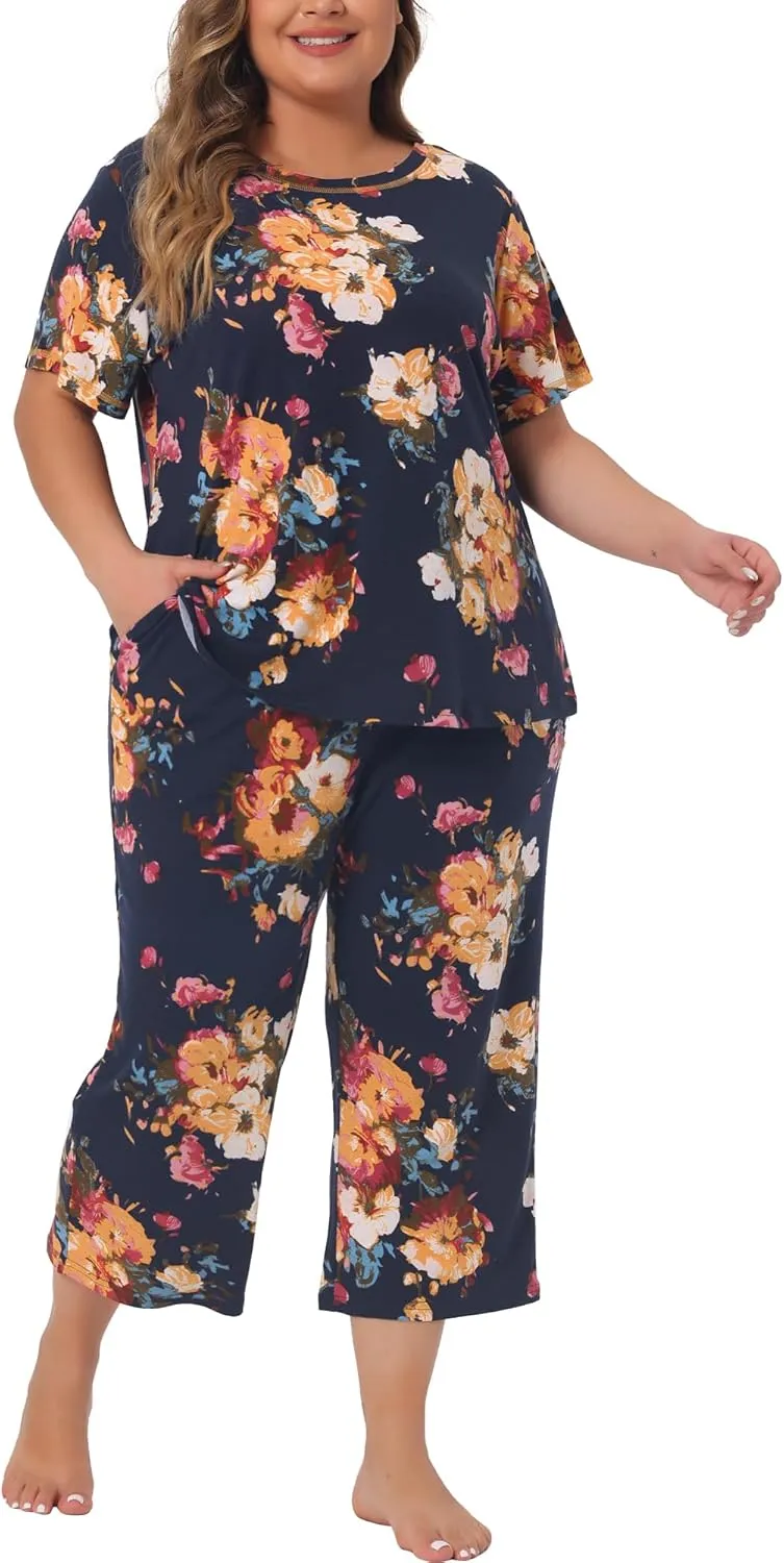 Agnes Orinda Plus Size Pajama Set for Women Short Sleeve Sleepwear Soft Lounge Set Loungewear 2024