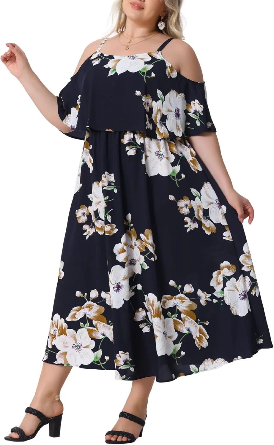 Agnes Orinda Plus Size Summer Dresses for Women Square Neck Adjustable Strap Beach Sundress Casual Maxi Dress