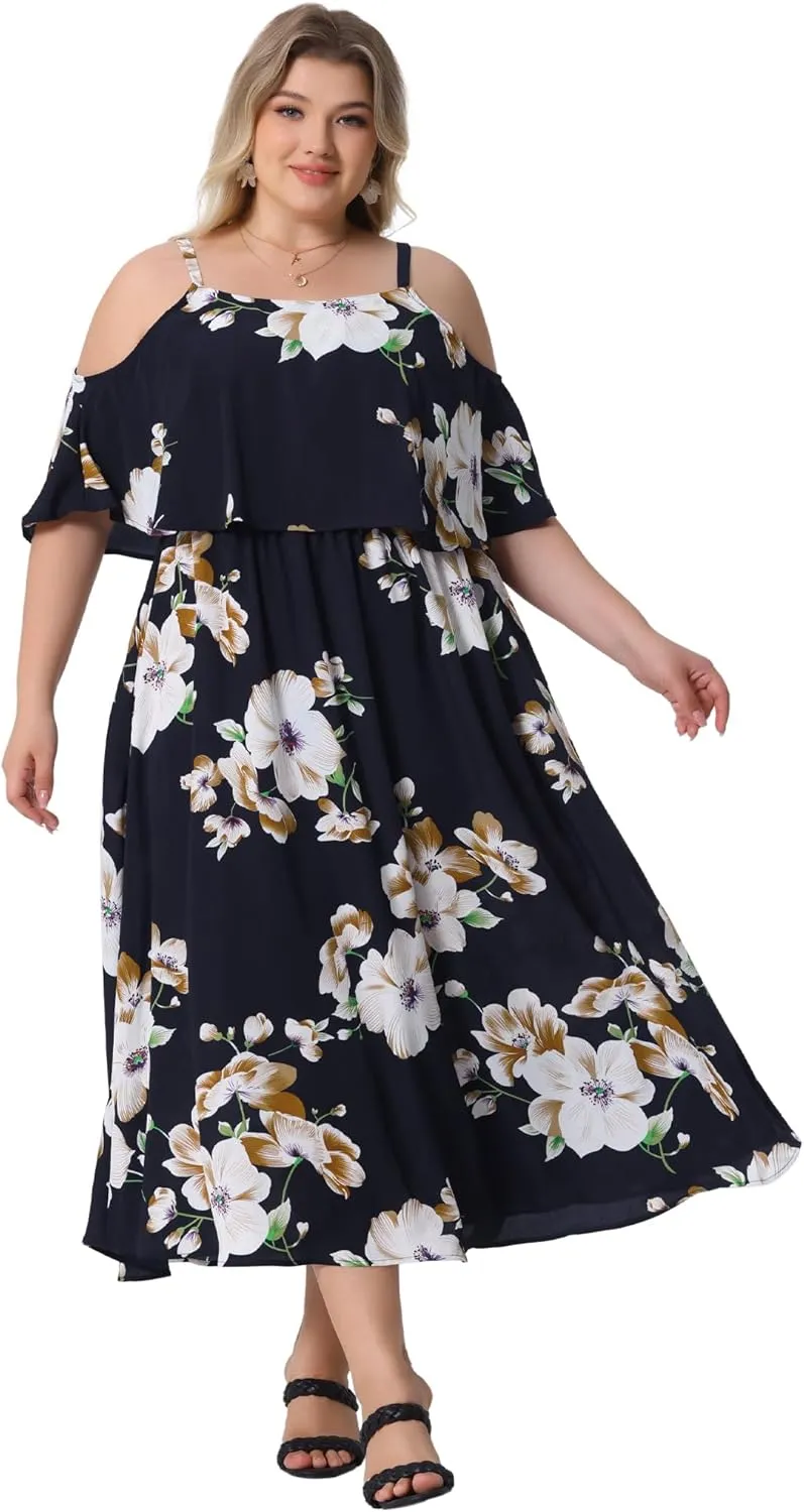 Agnes Orinda Plus Size Summer Dresses for Women Square Neck Adjustable Strap Beach Sundress Casual Maxi Dress