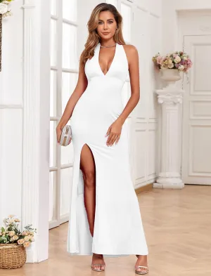 Aigeman Women's Sleeveless Sexy V-Neck Maxi Dress Halter Evening Gown Open Back High Split Bodycon Formal Dress 408
