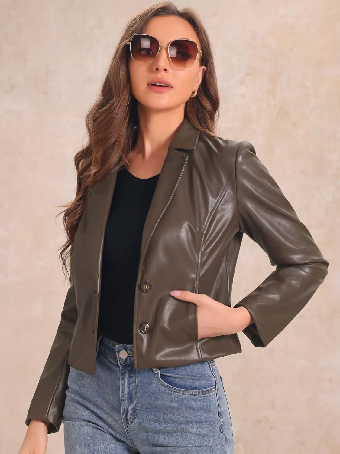Allegra K Faux Leather Jacket for Women's Motorcycle Moto Biker Coat Casual Cropped PU Leather Jackets