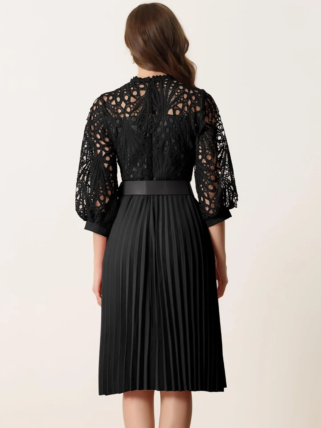 Allegra K Women's Elegant Lace Crochet Lantern Sleeves Belt Loose Pleated Midi Dress