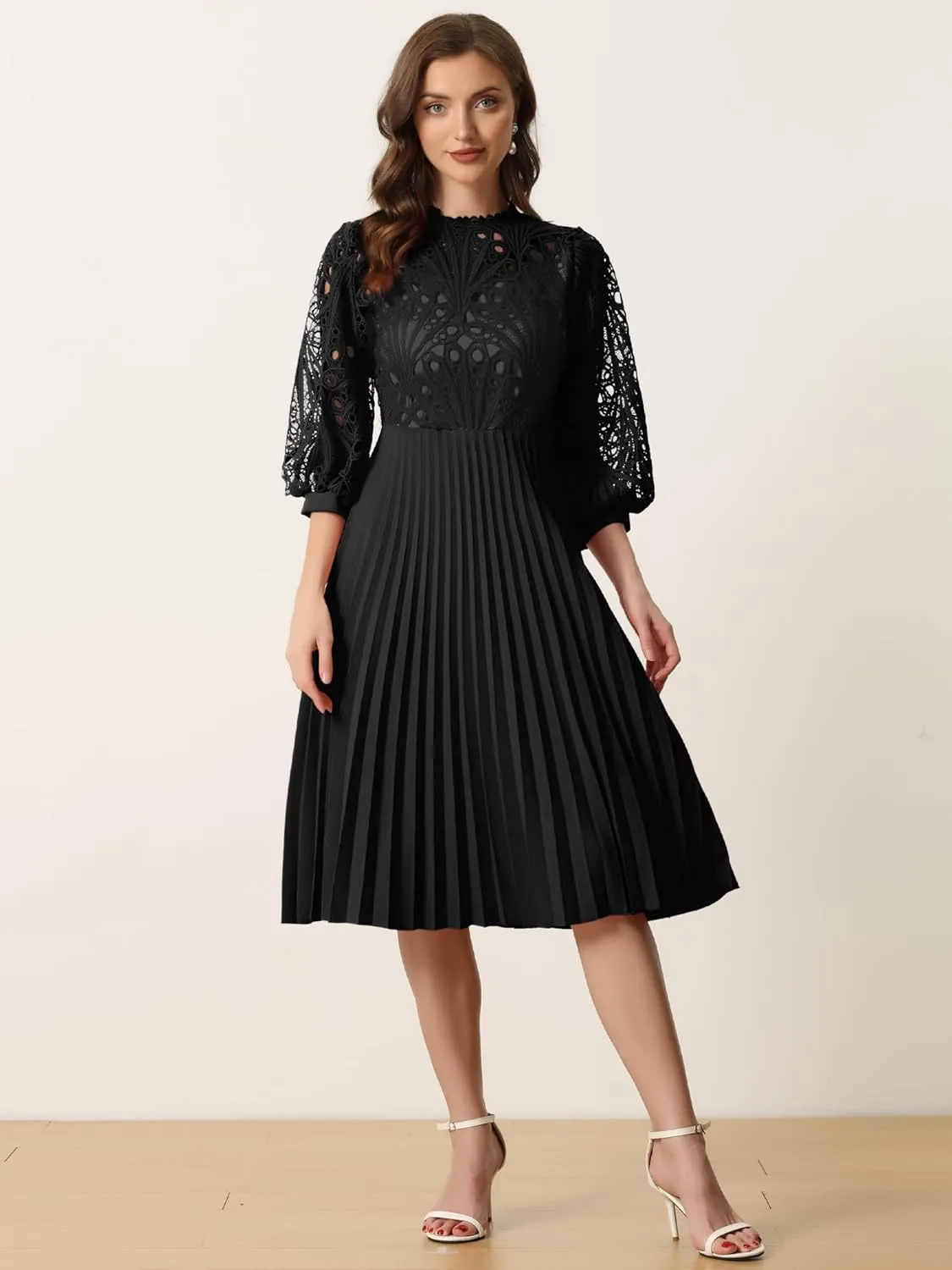 Allegra K Women's Elegant Lace Crochet Lantern Sleeves Belt Loose Pleated Midi Dress