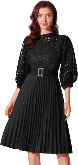 Allegra K Women's Elegant Lace Crochet Lantern Sleeves Belt Loose Pleated Midi Dress
