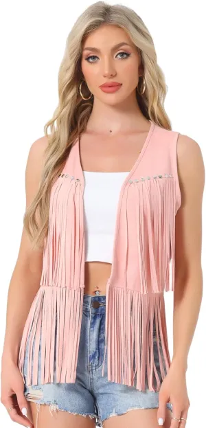 Allegra K Women's Fringe Vest Open Front Western 70s Outfits Faux Suede Tassel Cardigan