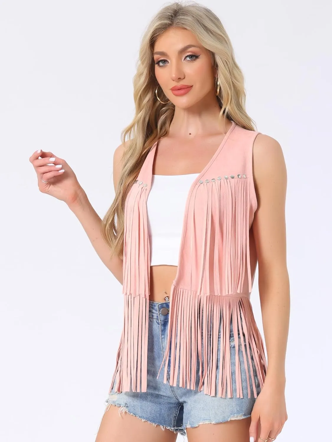 Allegra K Women's Fringe Vest Open Front Western 70s Outfits Faux Suede Tassel Cardigan