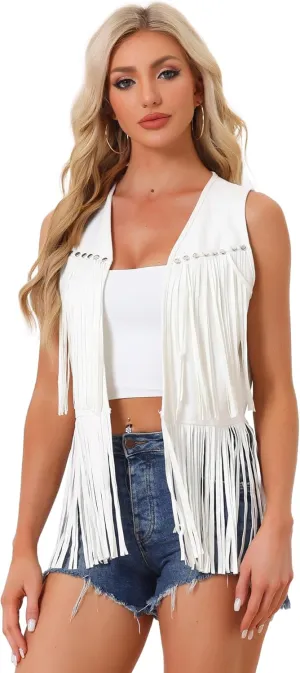 Allegra K Women's Fringe Vest Open Front Western 70s Outfits Faux Suede Tassel Cardigan