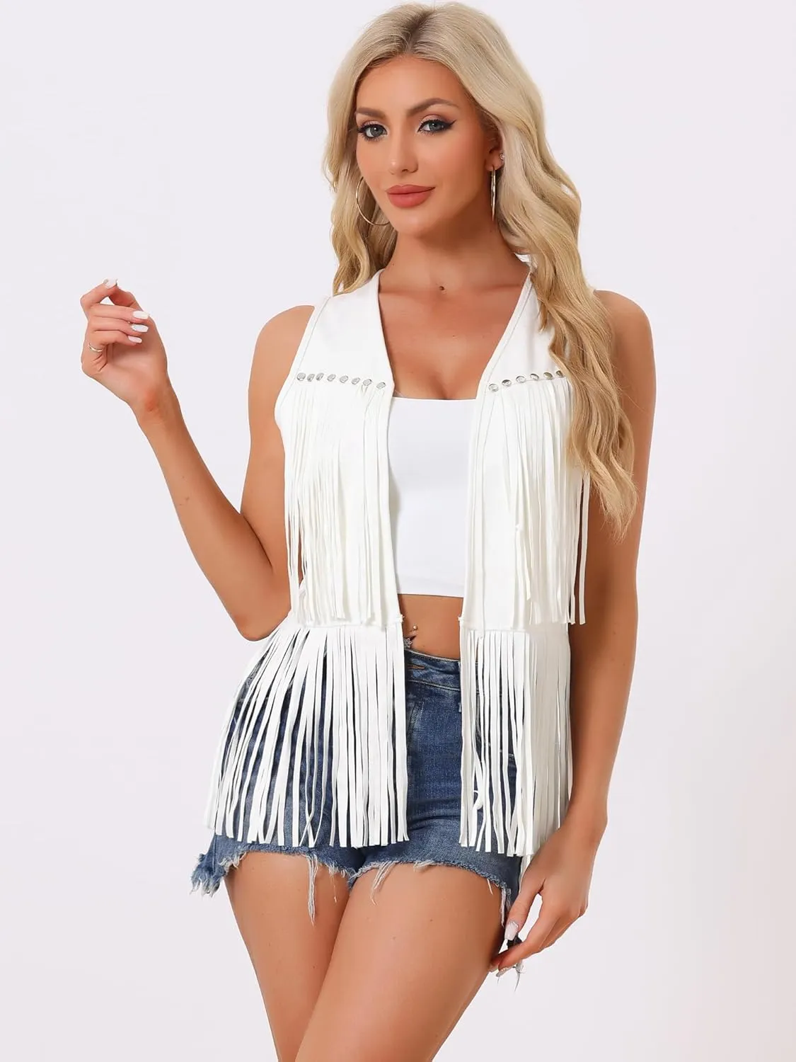 Allegra K Women's Fringe Vest Open Front Western 70s Outfits Faux Suede Tassel Cardigan