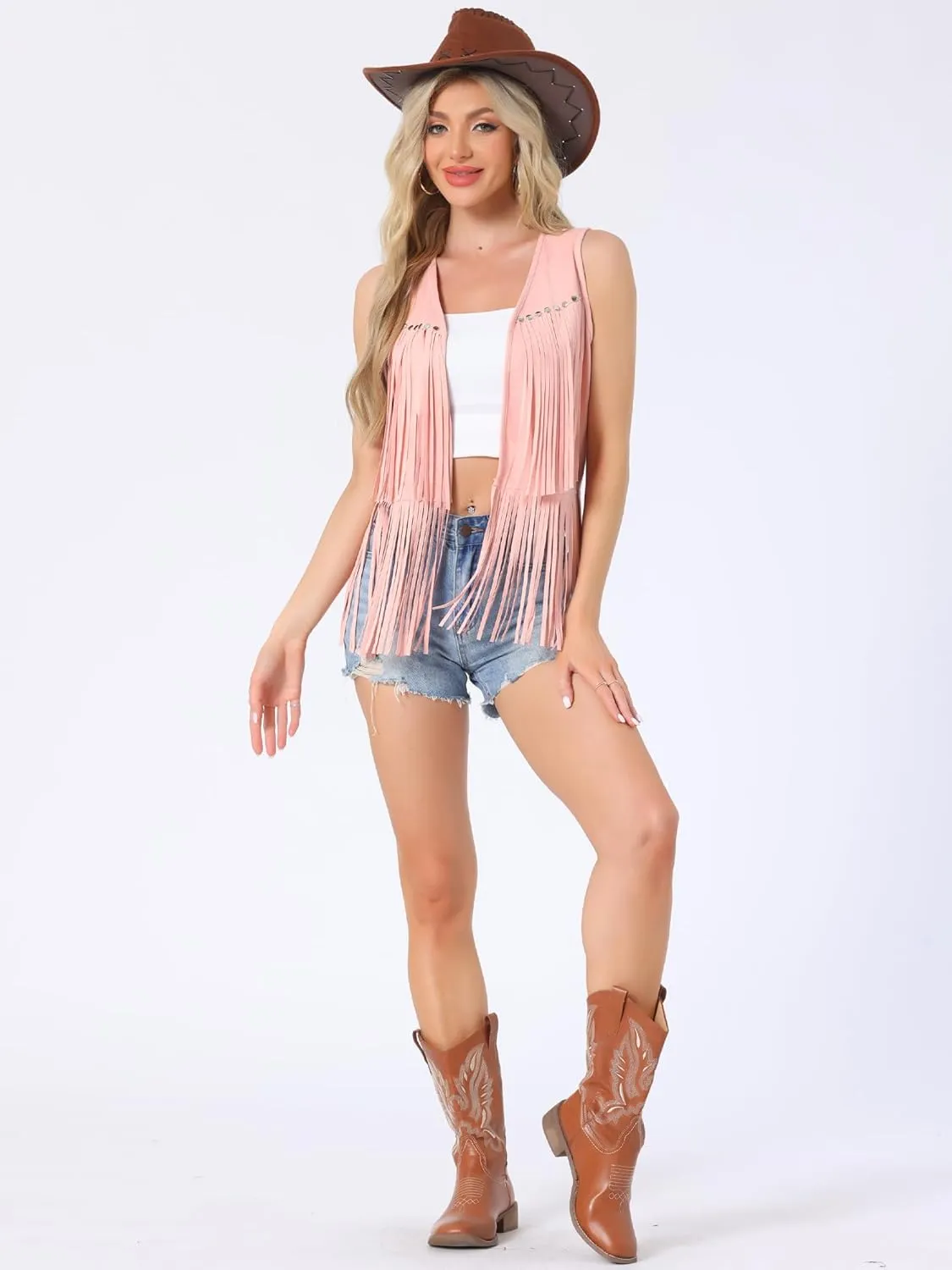 Allegra K Women's Fringe Vest Open Front Western 70s Outfits Faux Suede Tassel Cardigan