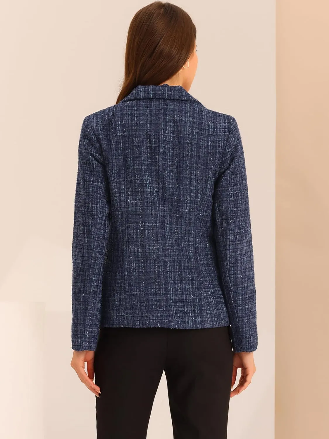 Allegra K Women's Tweed Jacket Plaid Blazer Long Sleeve Elegant Work Open Front Tweed Blazer Jackets