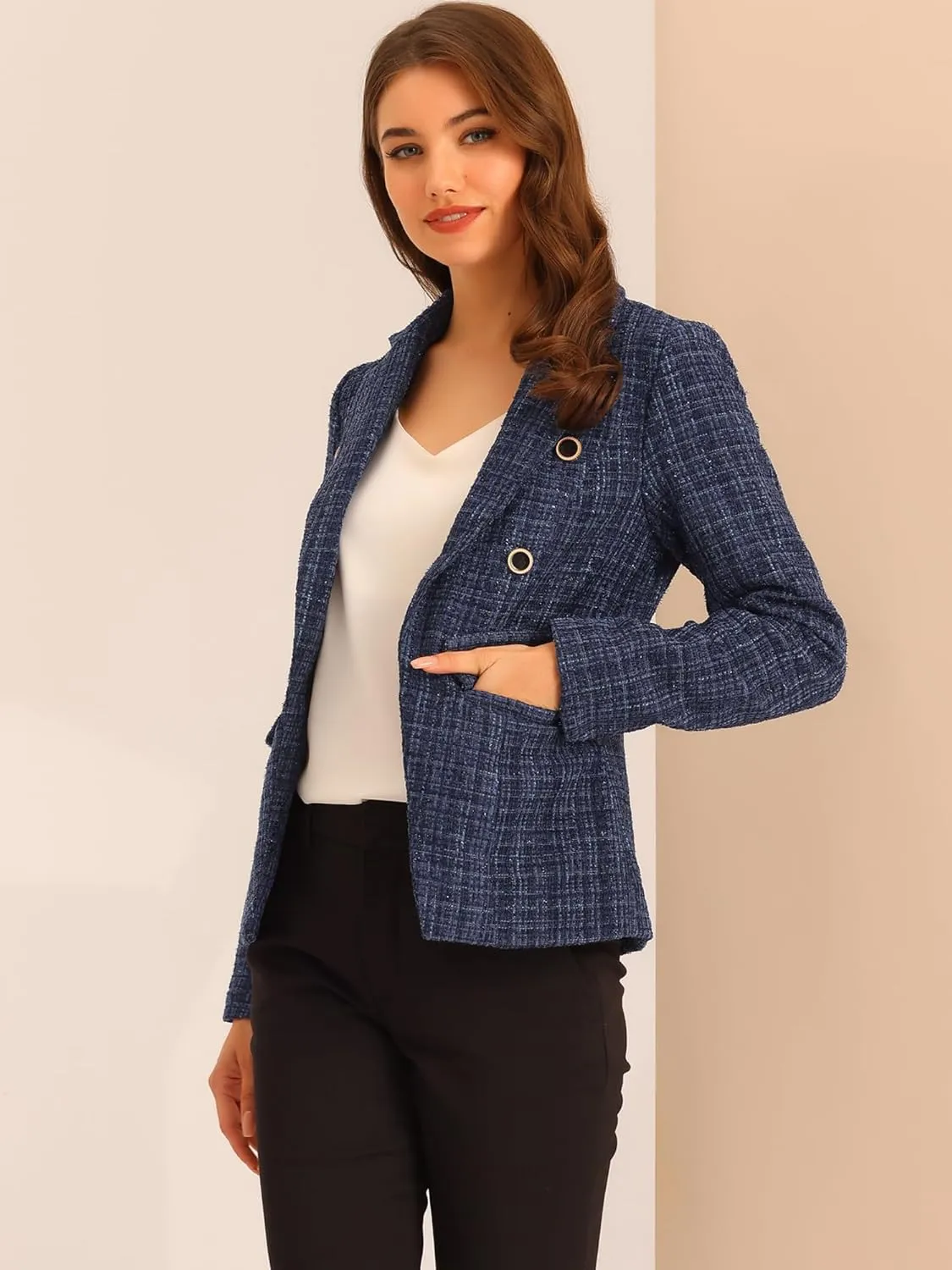 Allegra K Women's Tweed Jacket Plaid Blazer Long Sleeve Elegant Work Open Front Tweed Blazer Jackets