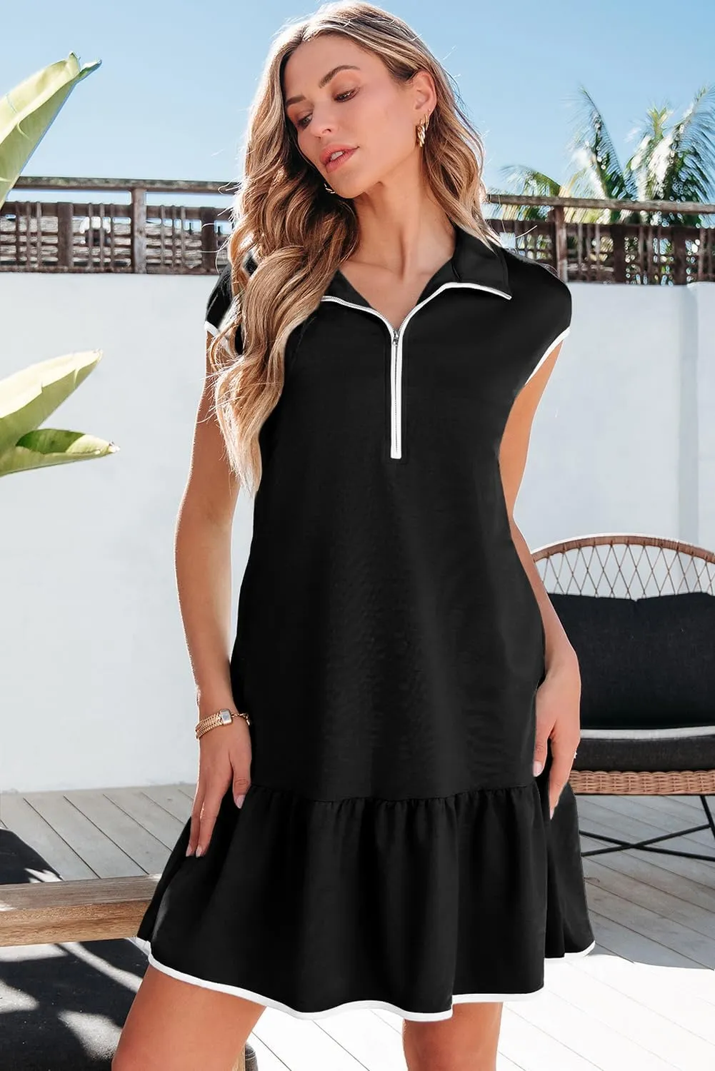 AlvaQ Women Dresses Casual Spring Summer Colorblock Cap Sleeve Half Zip Patchwork Mini Dress with Pockets
