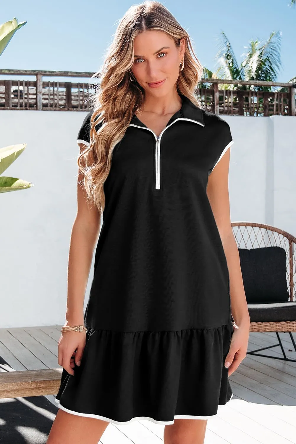 AlvaQ Women Dresses Casual Spring Summer Colorblock Cap Sleeve Half Zip Patchwork Mini Dress with Pockets