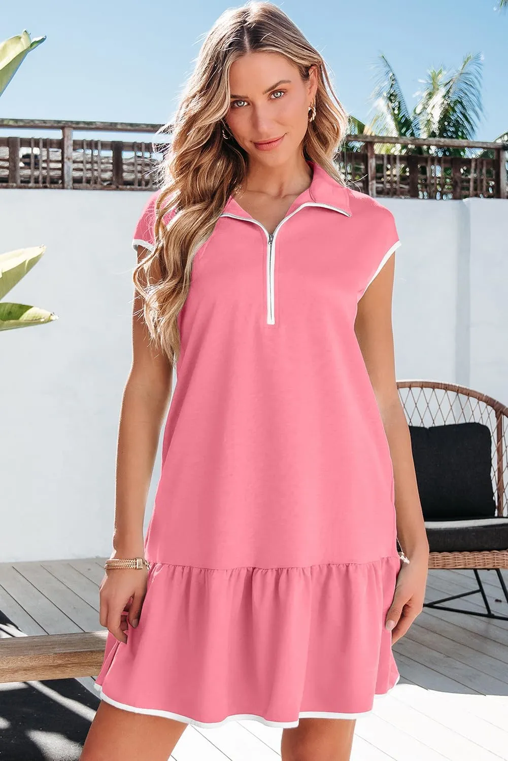 AlvaQ Women Dresses Casual Spring Summer Colorblock Cap Sleeve Half Zip Patchwork Mini Dress with Pockets