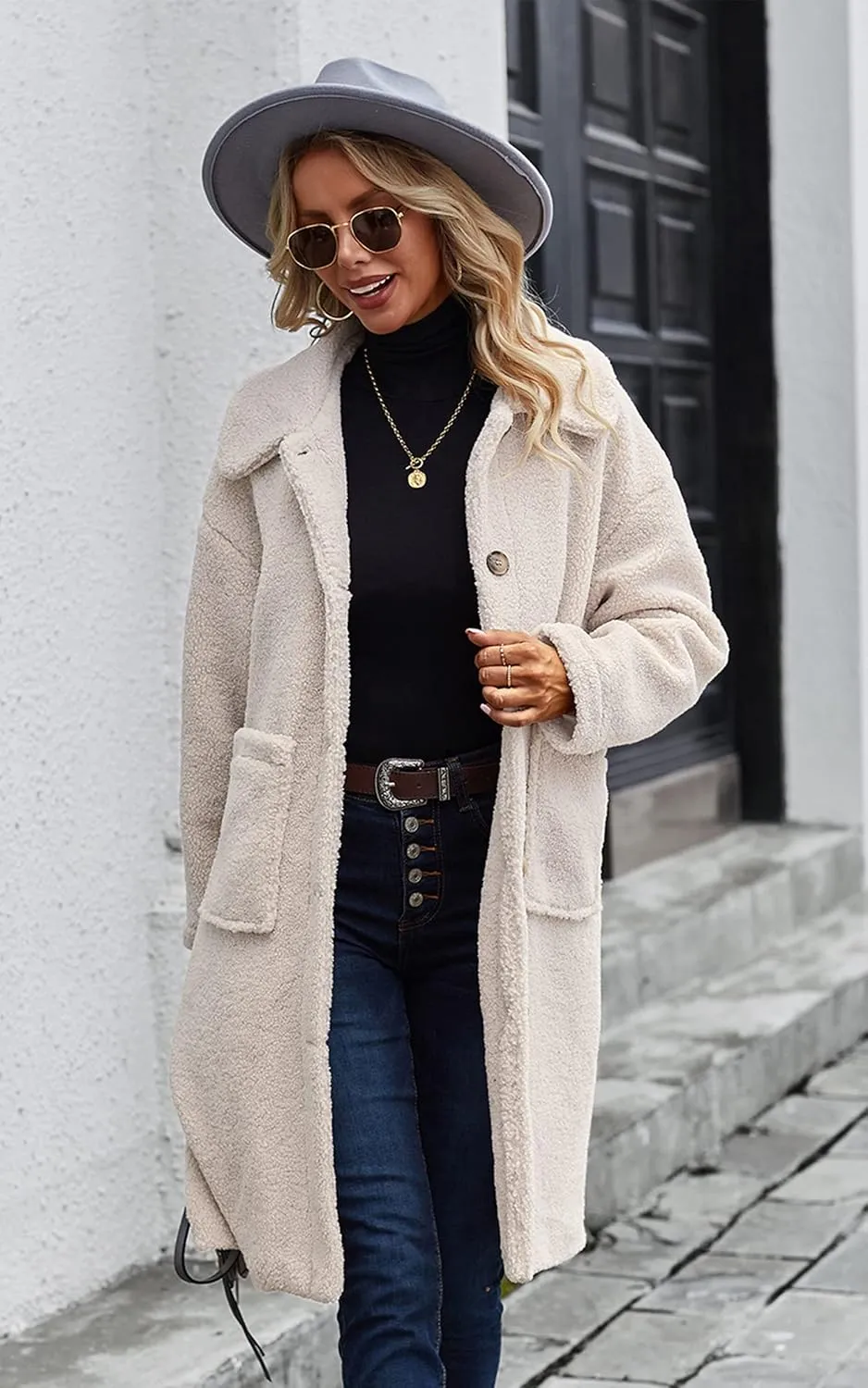 Angashion Women's Fuzzy Fleece Lapel Open Front Long Cardigan Coat Faux Fur Warm Winter Outwear Jackets