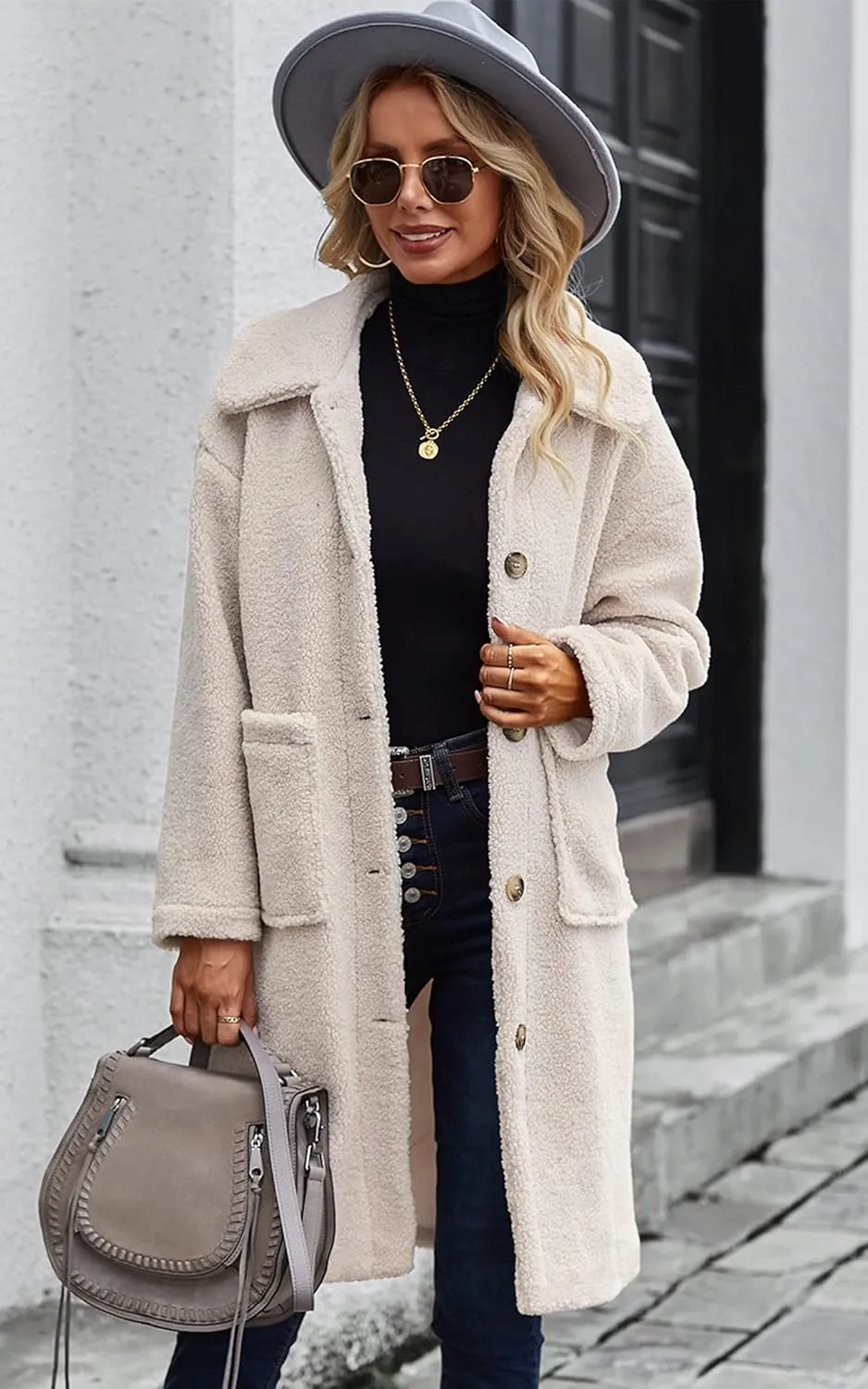 Angashion Women's Fuzzy Fleece Lapel Open Front Long Cardigan Coat Faux Fur Warm Winter Outwear Jackets