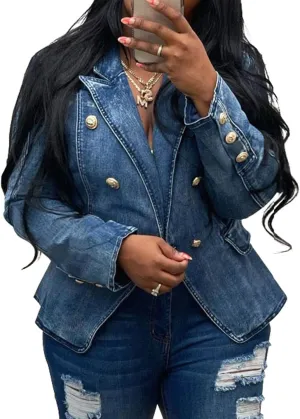 Angsuttc Blazer for Women Casual Work Denim Lapel Collar Double Breasted Jean Jackets Dark Blue M