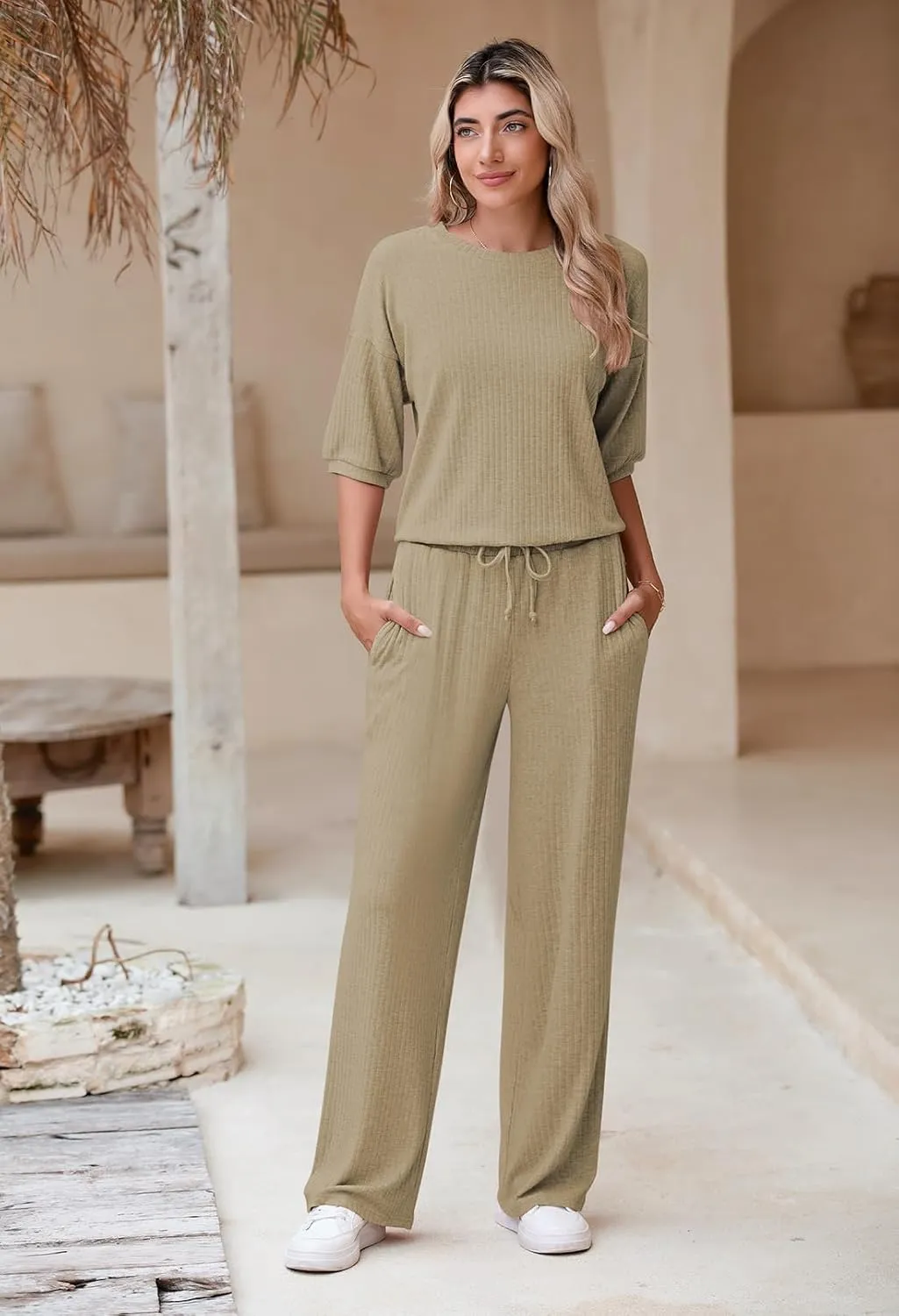 AOHITE Womens 2 Piece Outfits Lounge Sets Short Sleeve Pullover Tops Elastic Wide Leg Pants Set Sweatsuits Tracksuit