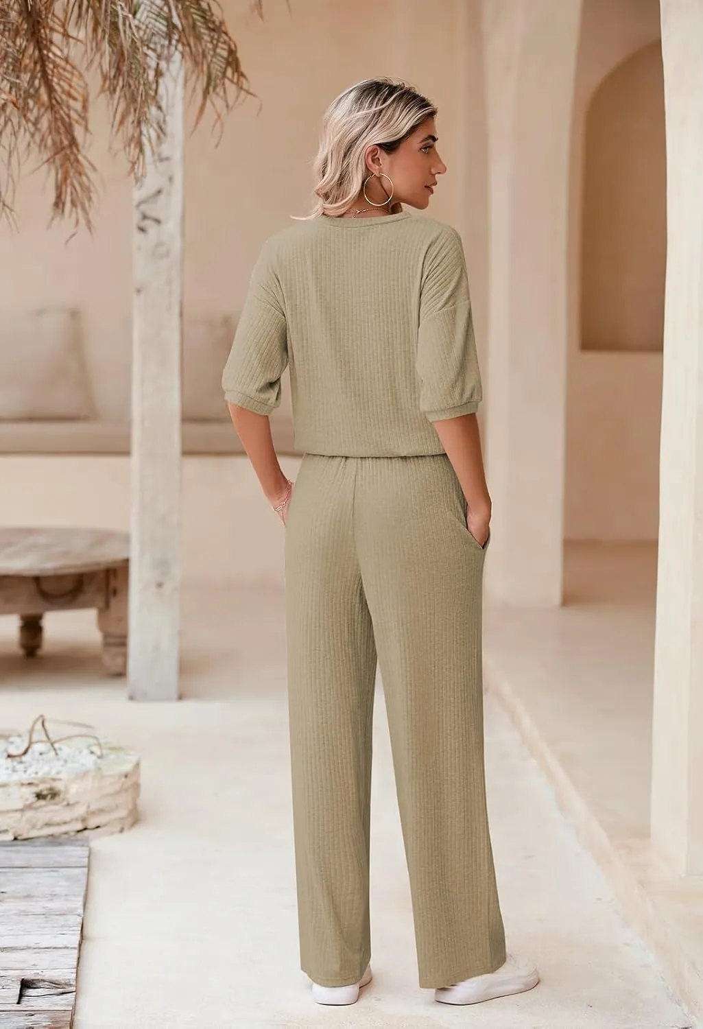 AOHITE Womens 2 Piece Outfits Lounge Sets Short Sleeve Pullover Tops Elastic Wide Leg Pants Set Sweatsuits Tracksuit