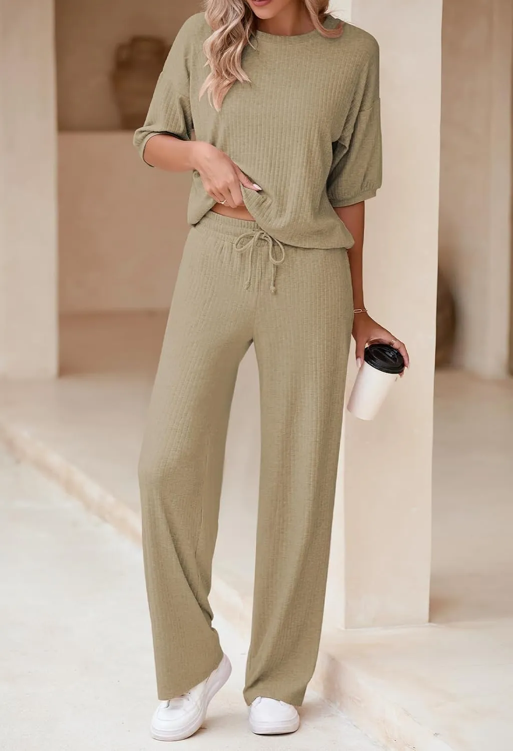AOHITE Womens 2 Piece Outfits Lounge Sets Short Sleeve Pullover Tops Elastic Wide Leg Pants Set Sweatsuits Tracksuit