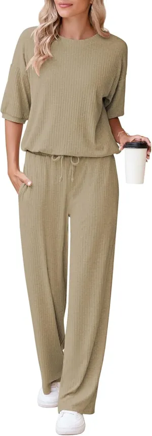 AOHITE Womens 2 Piece Outfits Lounge Sets Short Sleeve Pullover Tops Elastic Wide Leg Pants Set Sweatsuits Tracksuit