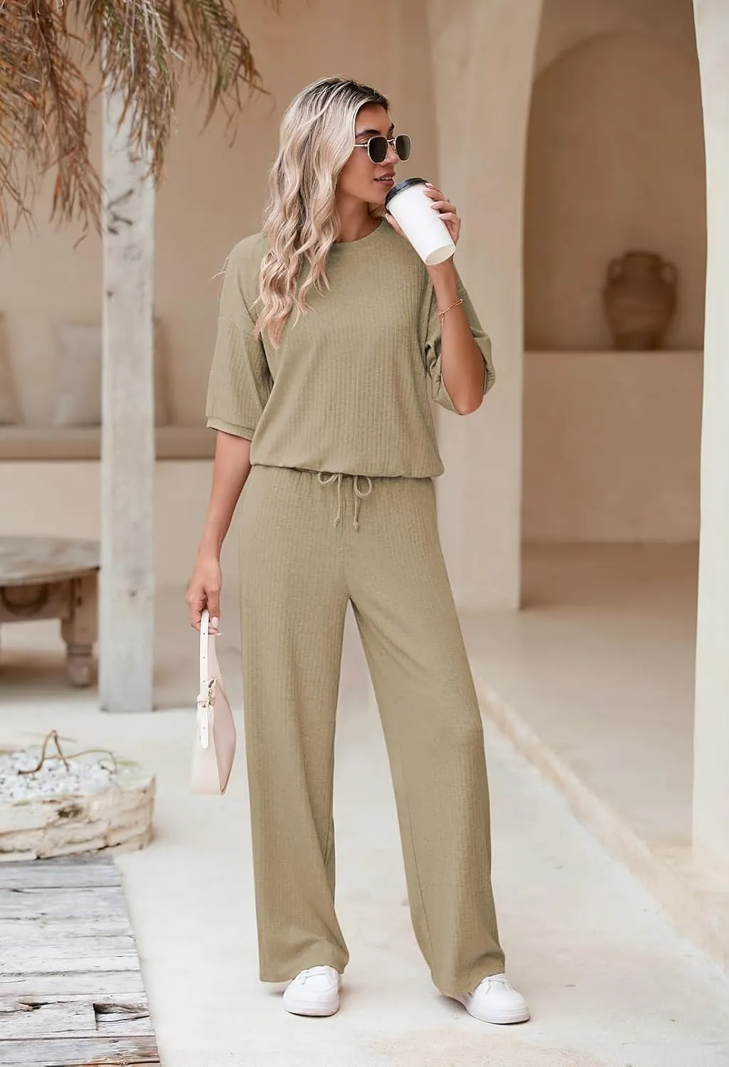 AOHITE Womens 2 Piece Outfits Lounge Sets Short Sleeve Pullover Tops Elastic Wide Leg Pants Set Sweatsuits Tracksuit