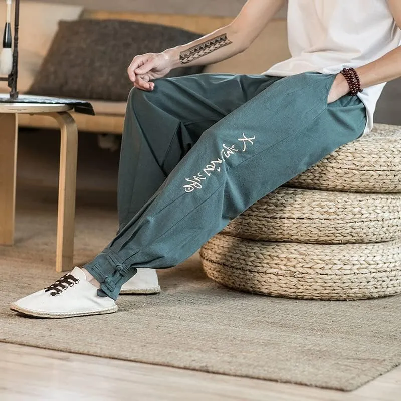 Aoleaky Chinese Style Text Embroidery Casual Pants, Harem Pants, Relaxed Trousers