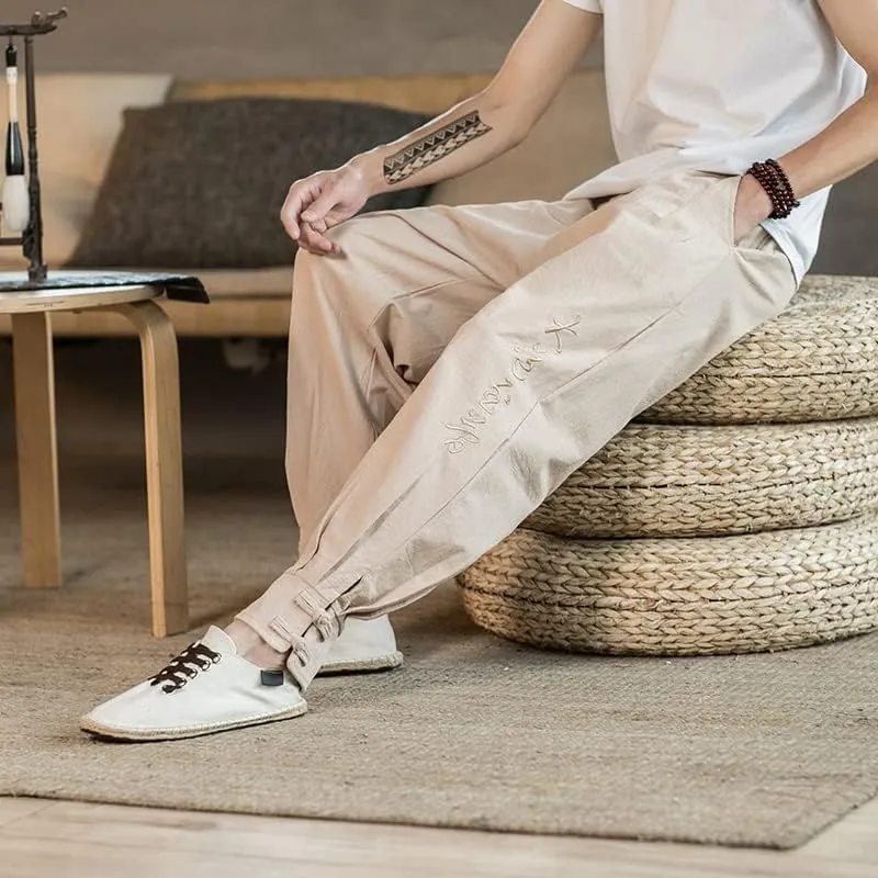 Aoleaky Chinese Style Text Embroidery Casual Pants, Harem Pants, Relaxed Trousers